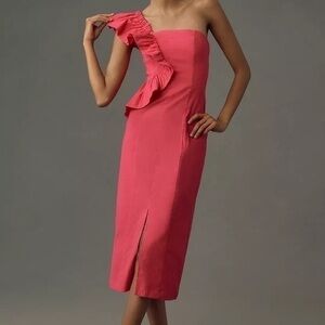 Anthropologie One-Shoulder Ruffle Linen Column Midi Dress